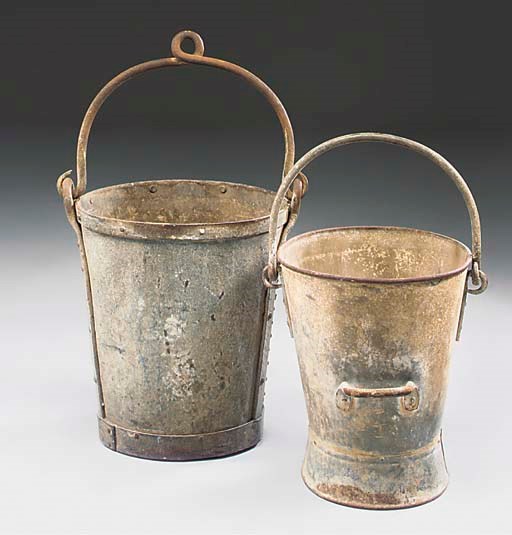 A LARGE ZINC AND WROUGHT-IRON MOUNTED BUCKET