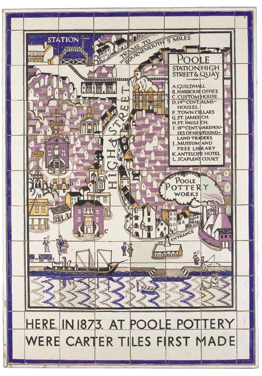 A CARTER & CO. TILE PANEL ADAPTED AND PAINTED BY MARGARET HOLDER FROM A DESIGN BY EDWARD BAWDEN, DEPICTING VIEWS OF POOLE, c.1930