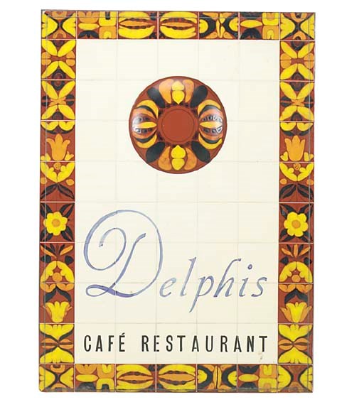 A POOLE POTTERY DELPHIS CAFE RESTAURANT TILED SIGN, c.1980