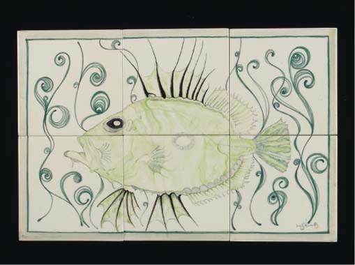 A CARTER'S TILE PANEL PAINTED BY CAROLYN WILLS, c.1975