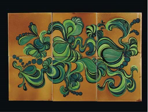 A CARTER'S TILE PANEL PAINTED BY JULIA WILLS, c.1975
