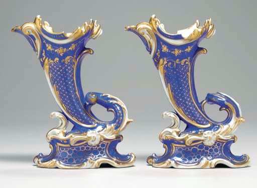 A PAIR OF PARIS ROCOCO REVIVAL BLUE-GROUND CORNUCOPIA VASES ON FIXED STANDS