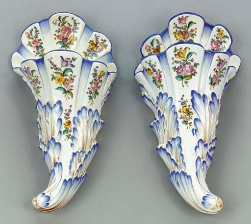 A PAIR OF FRENCH CREAMWARE WALL POCKETS