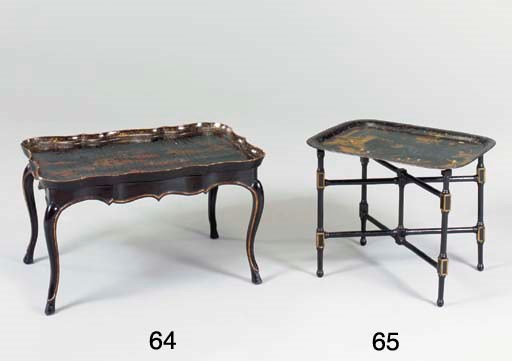 A CHINESE BLACK, SCARLET AND GILT-LACQUER PAPIER MÂCHÉ TRAY ON LATER STAND