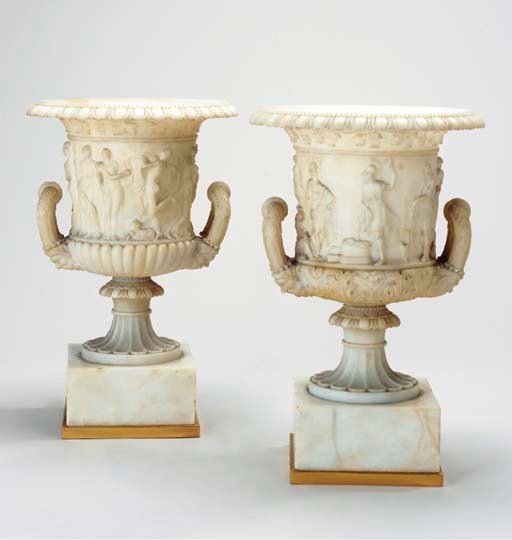 A PAIR OF ITALIAN WHITE MARBLE BORGHESE AND MEDICI VASES