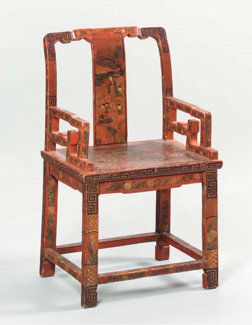 A CHINESE INCISED POLYCHROME AND RED-LACQUER ARMCHAIR