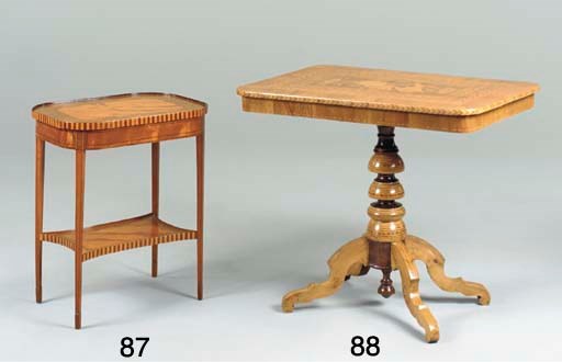 AN ITALIAN WALNUT, FRUITWOOD, MARQUETRY AND PARQUETRY CENTER TABLE