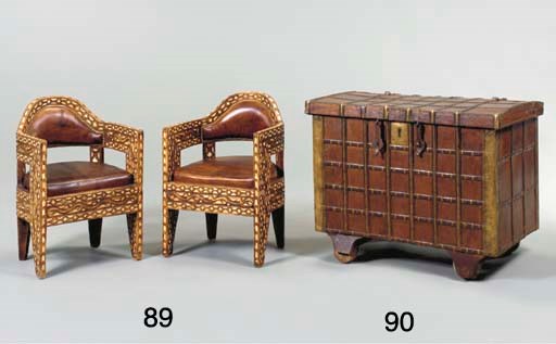 A PAIR OF BONE-INLAID HARDWOOD AND BROWN LEATHER TUB CHAIRS