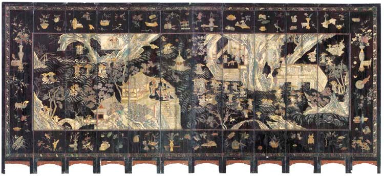 A CHINESE BLACK AND POLYCHROME COROMANDEL LACQUER TWELVE-PANEL SCREEN