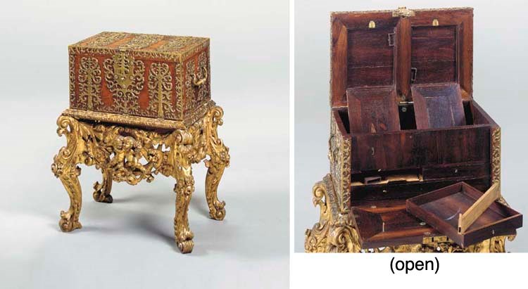 A WILLIAM AND MARY BRASS-MOUNTED KINGWOOD PARQUETRY STRONG BOX ON ORIGINAL GILTWOOD STAND