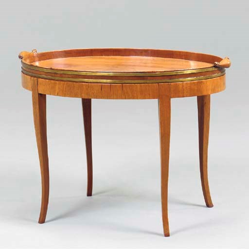 A LATE GEORGE III BRASS-BOUND MAHOGANY TRAY ON LATER STAND