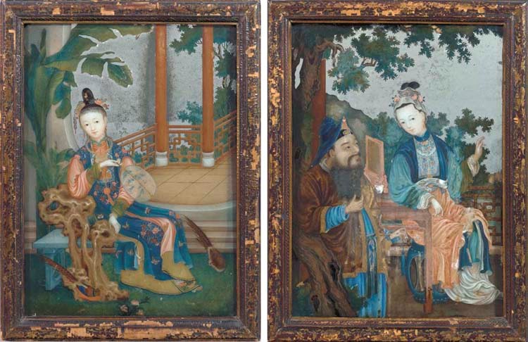 A PAIR OF CHINESE EXPORT REVERSE MIRROR PAINTINGS