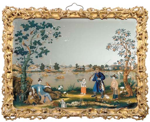 A CHINESE EXPORT REVERSE PAINTED MIRROR