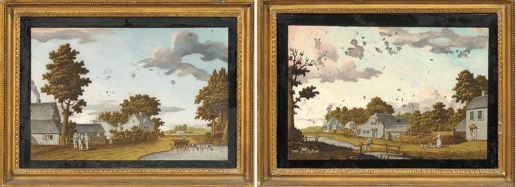 A PAIR OF DUTCH SILVER, GILT AND POLYCHROME VERRE-EGLOMISÉ PICTURES
