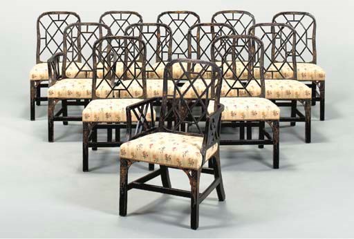 A SET OF TWELVE BLACK AND GILT-JAPANNED DINING-CHAIRS