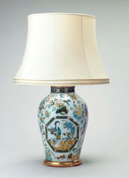 A DECALCOMANIA VASE MOUNTED AS A LAMP