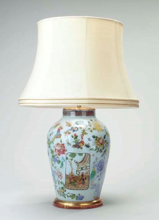 A DECALCOMANIA VASE MOUNTED AS A LAMP