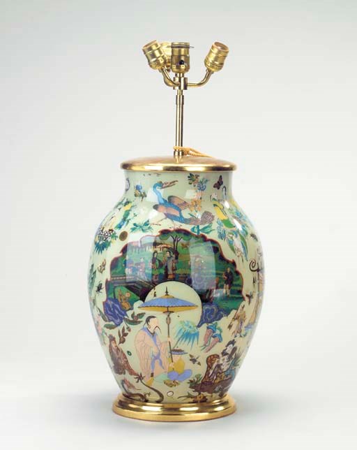 A DECALCOMANIA VASE MOUNTED AS A LAMP