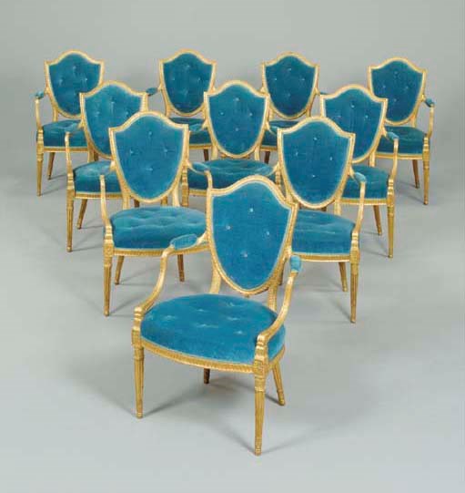 A SET OF TEN GEORGE III GILTWOOD OPEN ARMCHAIRS