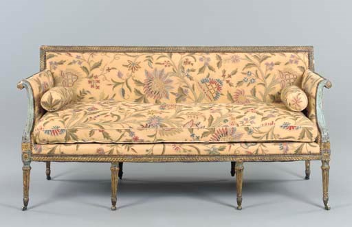 A GEORGE III BLUE-PAINTED AND PARCEL-GILT SETTEE
