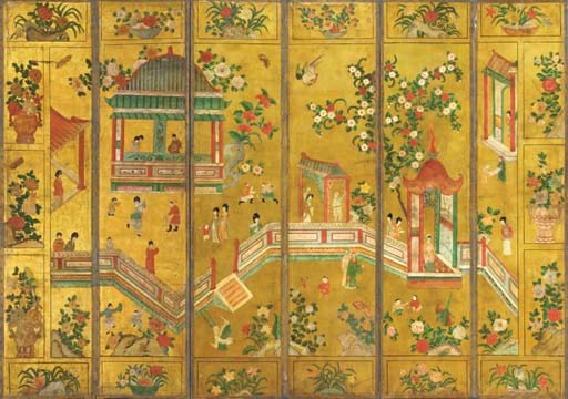 AN ANGLO-DUTCH GILT AND POLYCHROME-DECORATED SIX-PANEL SCREEN