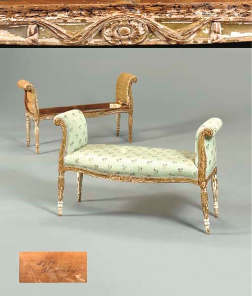 A PAIR OF GEORGE III GREY-PAINTED AND PARCEL-GILT WINDOW BENCHES