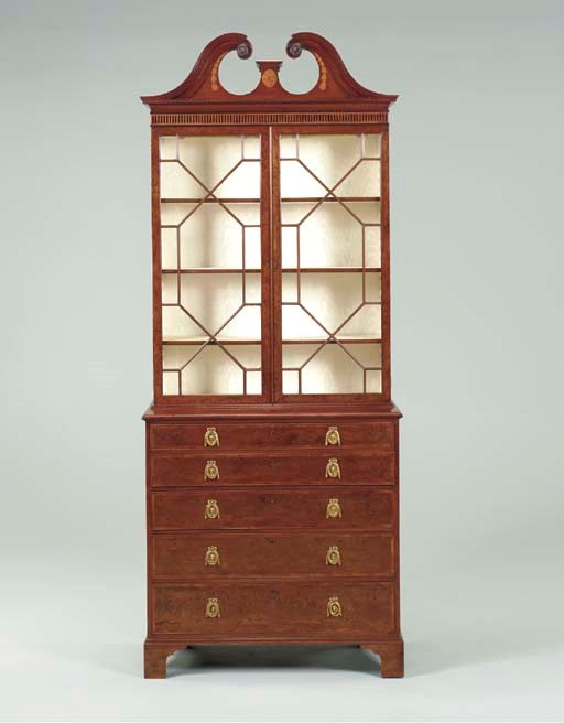 A GEORGE III YEWWOOD, MAHOGANY AND MARQUETRY SECRETAIRE-BOOKCASE