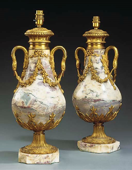 A PAIR OF GILT BRONZE MOUNTED BRECHE VIOLET MARBLE TABLE LAMPS