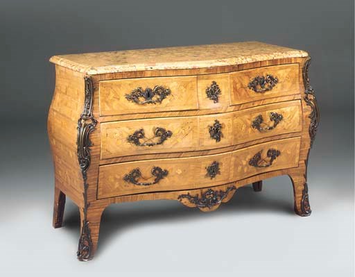 A LOUIS XV KINGWOOD MARQUETRY ORMOLU MOUNTED BOMBE COMMODE
