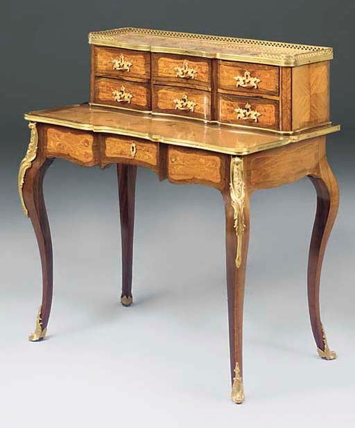 A FRENCH KINGWOOD CROSSBANDED MARQUETRY ORMOLU MOUNTED MARBLE TOP BONHEUR DU JOUR