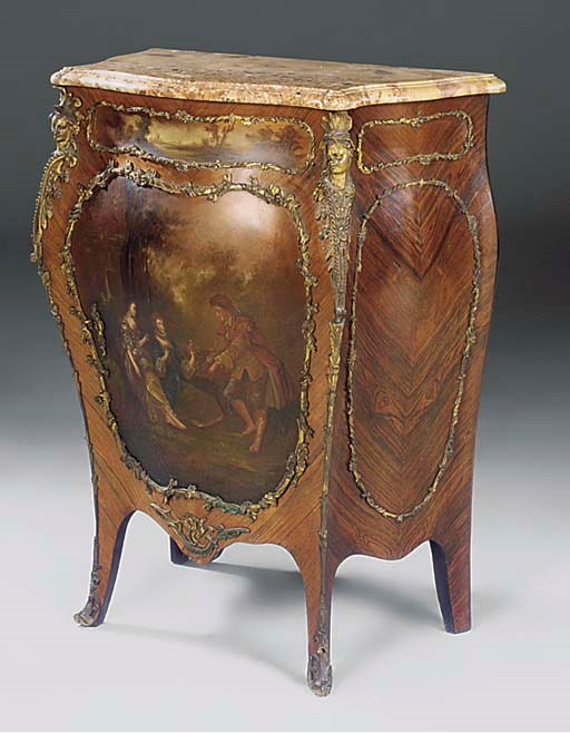 A FRENCH KINGWOOD GILT METAL MOUNTED AND DECORATED BOMBE COMMODE