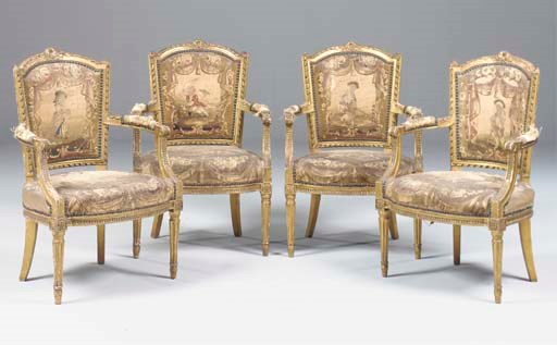 A SET OF FOUR FRENCH GILTWOOD AUBUSSON TAPESTRY FAUTEUILS EN CABRIOLET