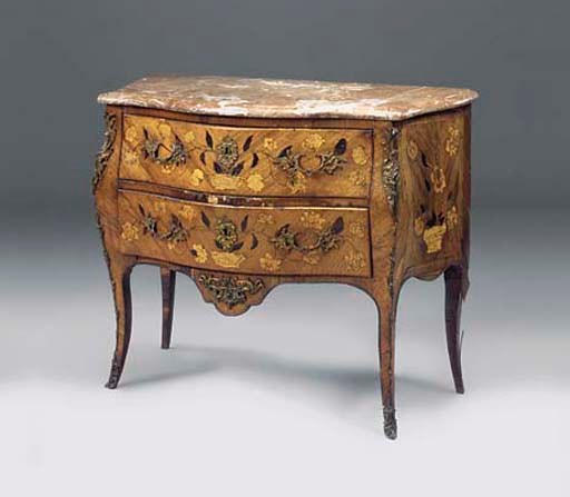 A LOUIS XV ORMOLU MOUNTED AMARANTH AND MARQUETRY BOMBE COMMODE