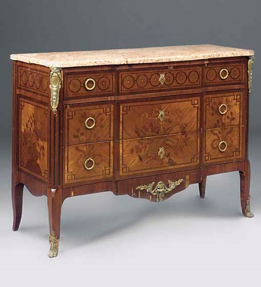 A FRENCH TULIPWOOD, PURPLE WOOD BANDED AND MARQUETRY COMMODE