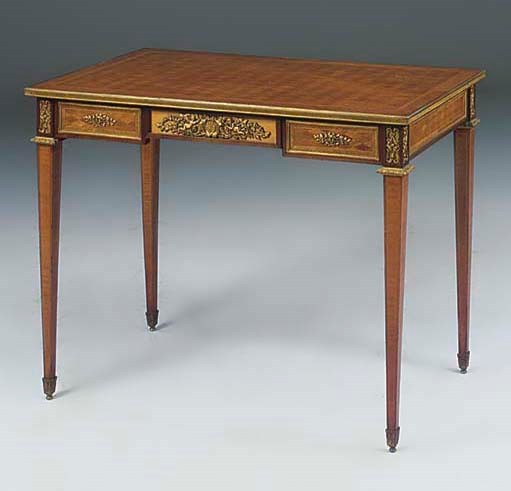 A FRENCH GILT METAL MOUNTED KINGWOOD AND PARQUETRY WRITING TABLE