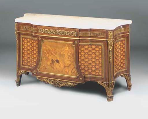 A FRENCH MARQUETRY ORMOLU MOUNTED MARBLE TOP COMMODE