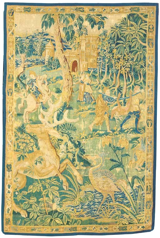 A FLEMISH HUNTING TAPESTRY PANEL