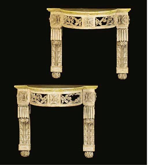 A PAIR OF CREAM AND GREY PAINTED DEMI-LUNE CONSOLES