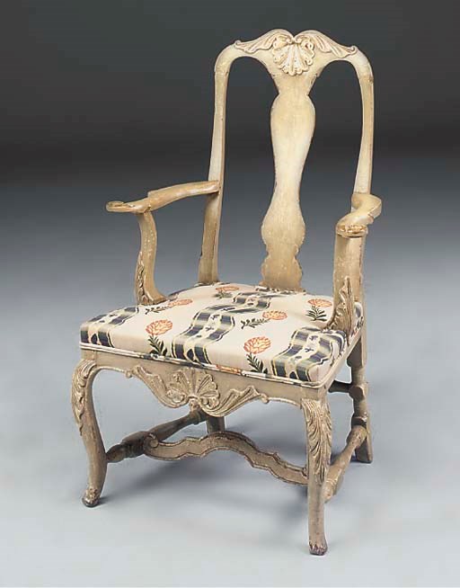 A SWEDISH GREY PAINTED ELBOW CHAIR