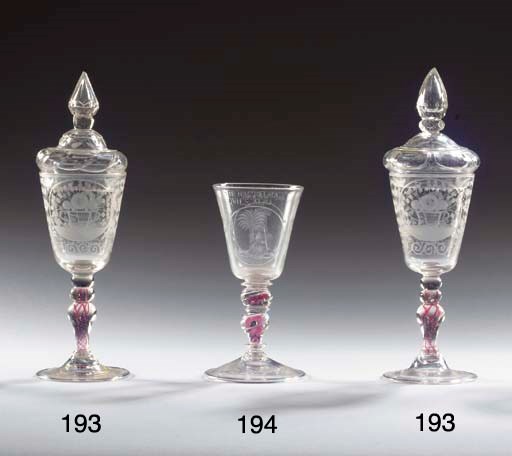 A Bohemian engraved colour-twist goblet
