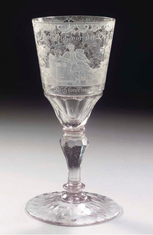 A Silesian engraved satirical faceted goblet