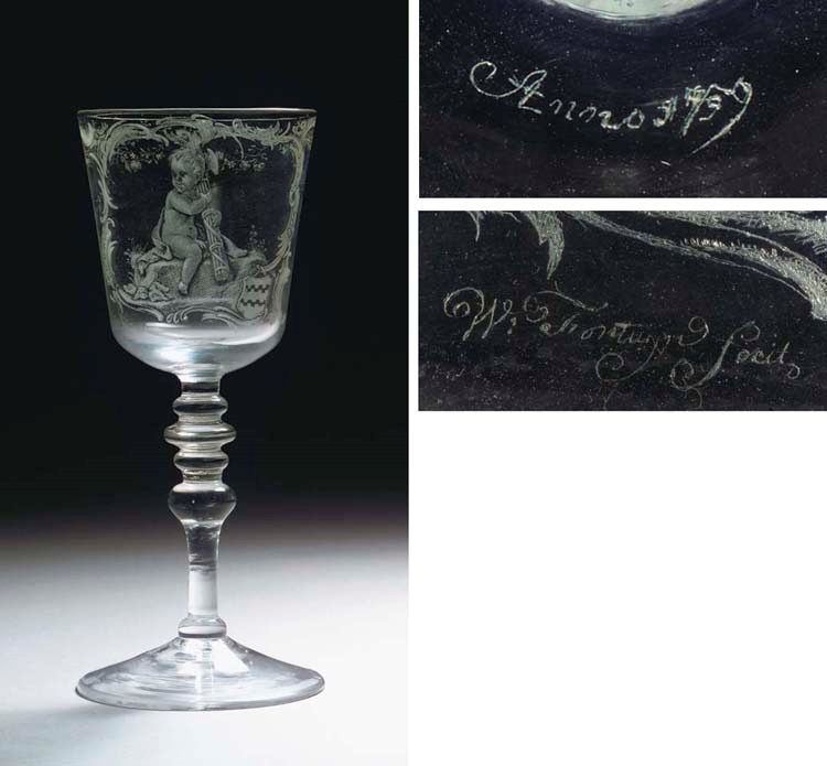 A Dutch stipple-engraved signed and dated armorial goblet