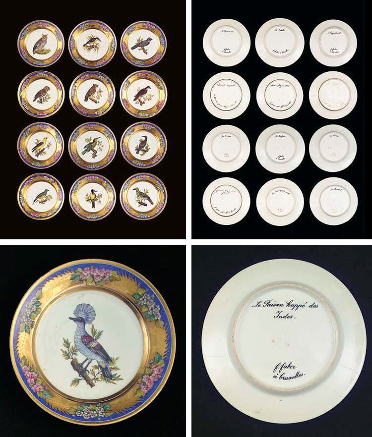 (13)A series of thirteen Faber Brussels porcelain gilt ornithological dishes from the Service du Palais Royal aux Oiseaux de Buffon