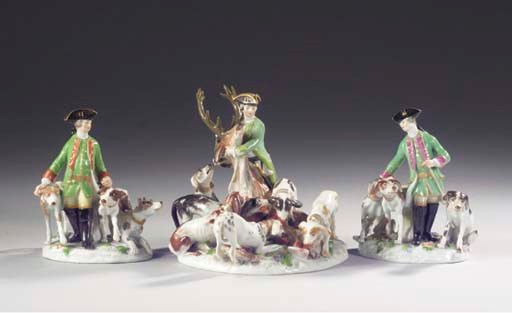 (3)  Three Meissen porcelain hunting groups