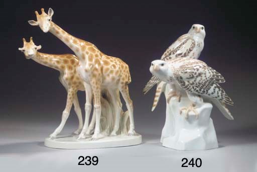 A Meissen porcelain group of two giraffes