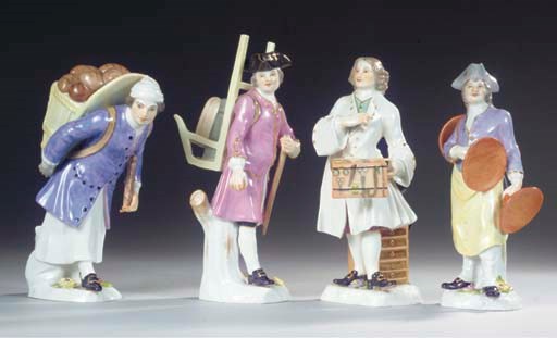 (4)  Four Meissen porcelain Cris de Paris figures of street traders