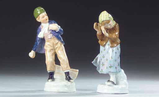(2) A pair of Meissen figures of children playing with snow