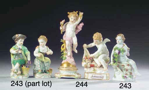 (4)  Three Meissen porcelain figures and a Meissen outside-decorated fruit dish