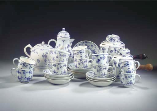 (28) An assembled porcelain blue and white ribbed 'Immortelle' chocolate service