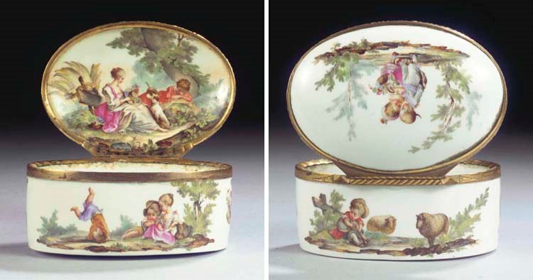 (2) A Meissen porcelain gilt metal-mounted oval gallant snuffbox and cover